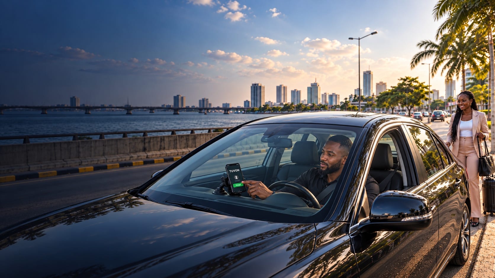 TUVON driver accepting a request on a phone mounted inside the car, with a passenger beside the rear door